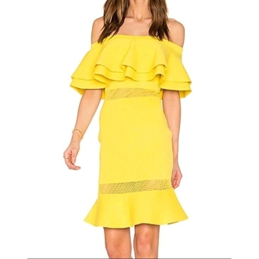 NWT Revolve Endless Rose Yellow Off The Shoulder Ruffle Knit Dress Sz XS Stretch
